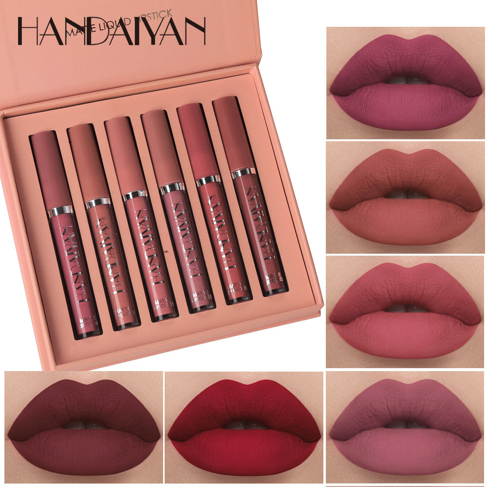 Makeup liquid lipstick set with six shades displayed in a box, shown on lips.