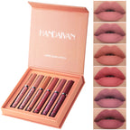 Set of matte liquid lipsticks in a pink box with color swatches on the side.