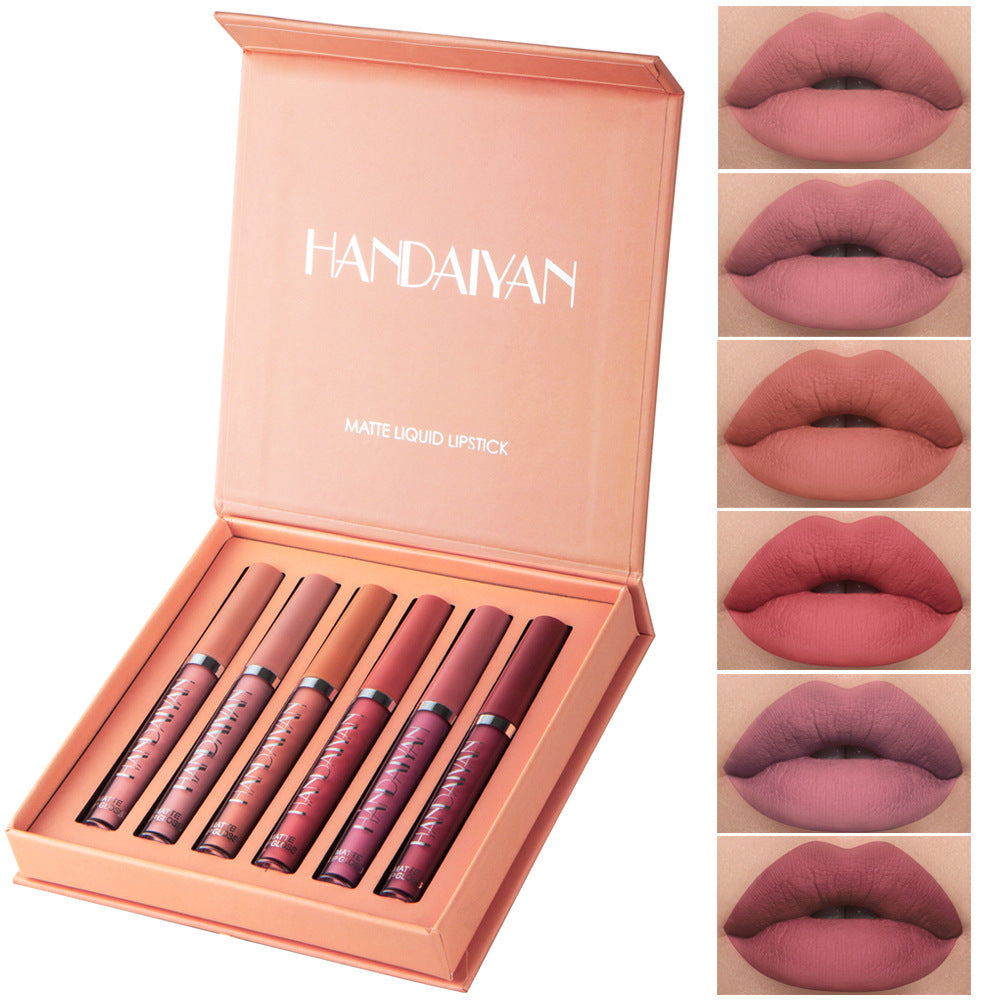 Set of matte liquid lipsticks in a pink box with color swatches on the side.