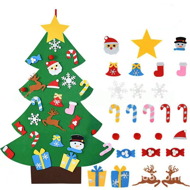 Felt Christmas tree set with various decorations on a white background