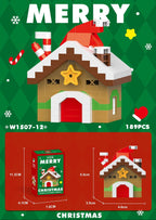 Christmas-themed building block set on a green background with festive decorations.