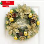 Decorative Christmas wreath with gold ornaments and 'Merry Christmas' text on a white background.