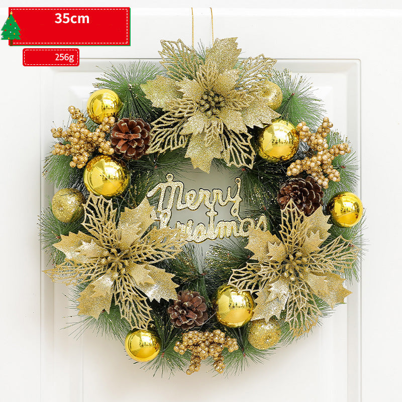 Decorative Christmas wreath with gold ornaments and 'Merry Christmas' text on a white background.