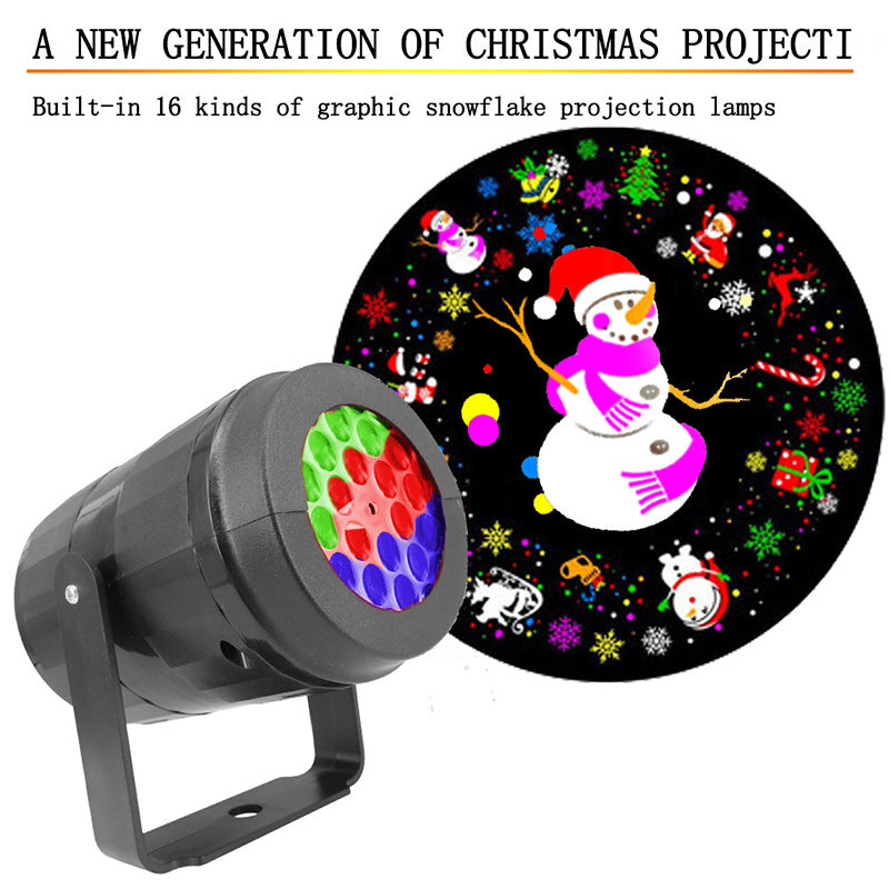 Christmas projection lamp with snowman design and colorful lights on a black background