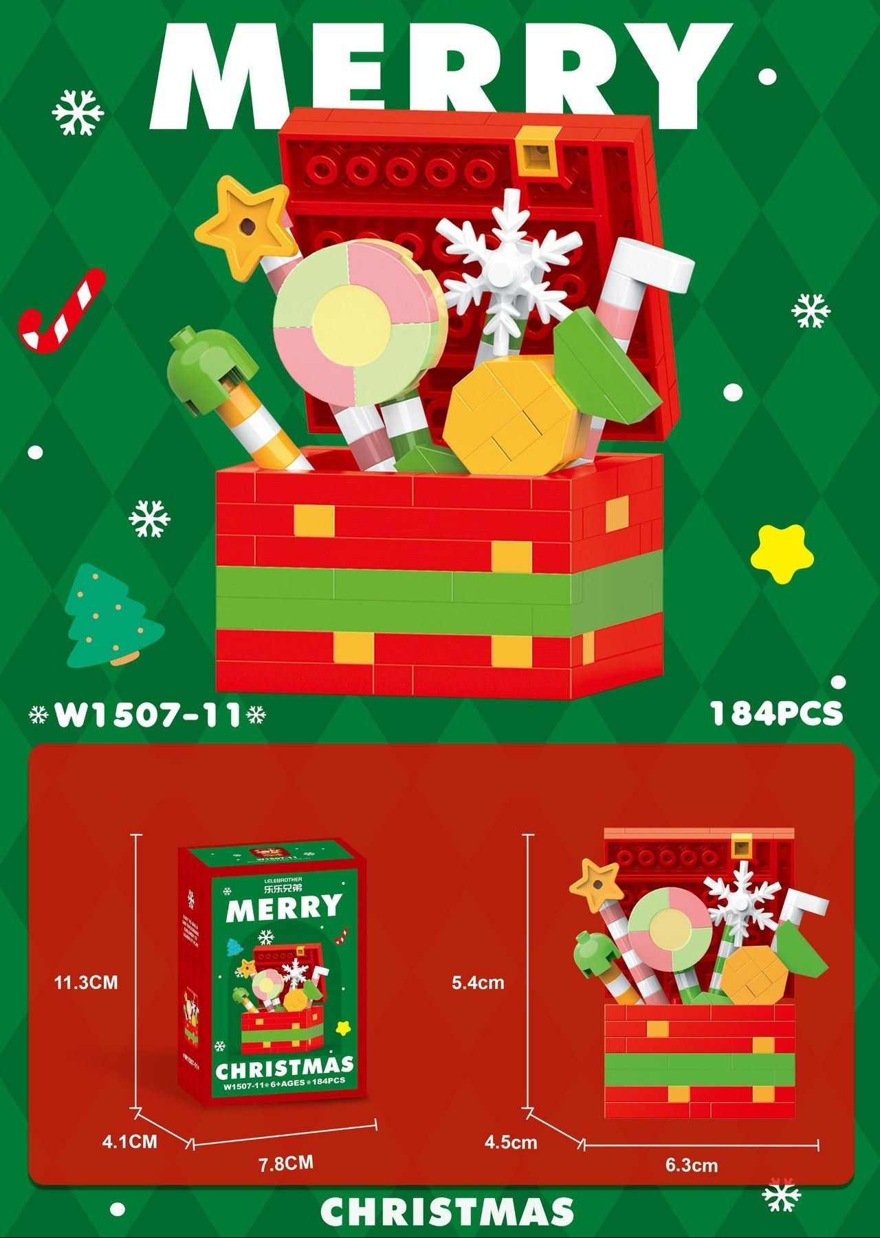 LEGO Christmas set with festive decorations on a green background