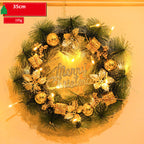Decorative Christmas wreath with lights and 'Merry Christmas' text on a beige background