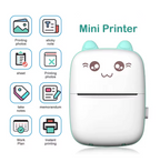 Wireless BT mini printer with cartoon face and icons on a white background