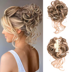 Blonde hair bun extension worn by a woman with a close-up of the extension on a white background.