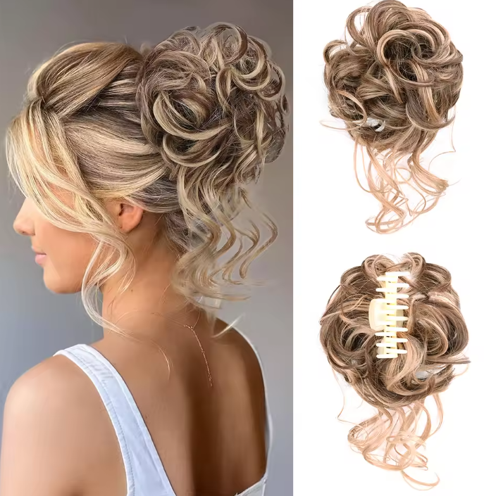Blonde hair bun extension worn by a woman with a close-up of the extension on a white background.