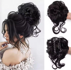 Black hair bun extension with a model wearing it and close-up views on a white background