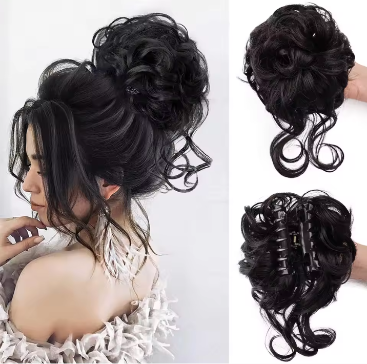 Black hair bun extension with a model wearing it and close-up views on a white background
