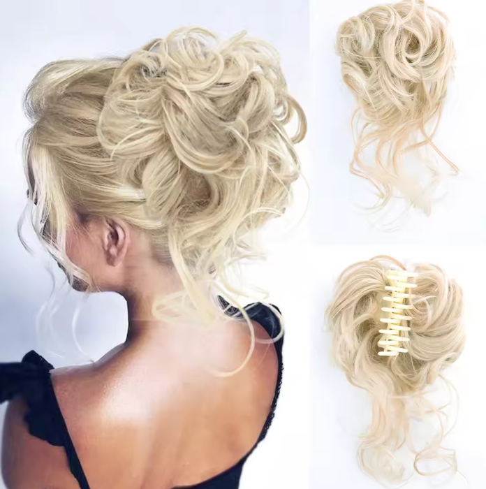 Blonde hair extension styled in an updo with a close-up of the product on a white background.