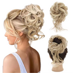Blonde hair extension styled on a mannequin head and displayed separately.