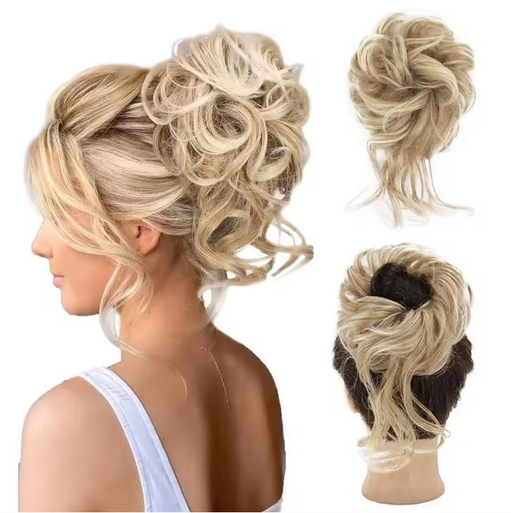 Blonde hair extension styled on a mannequin head and displayed separately.