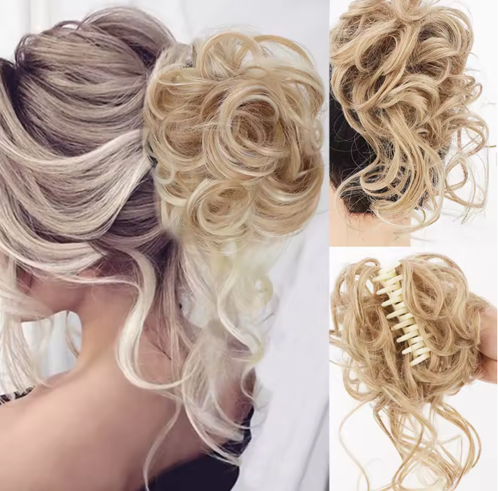 Blonde and brown hair extensions styled in various ways on a white background.