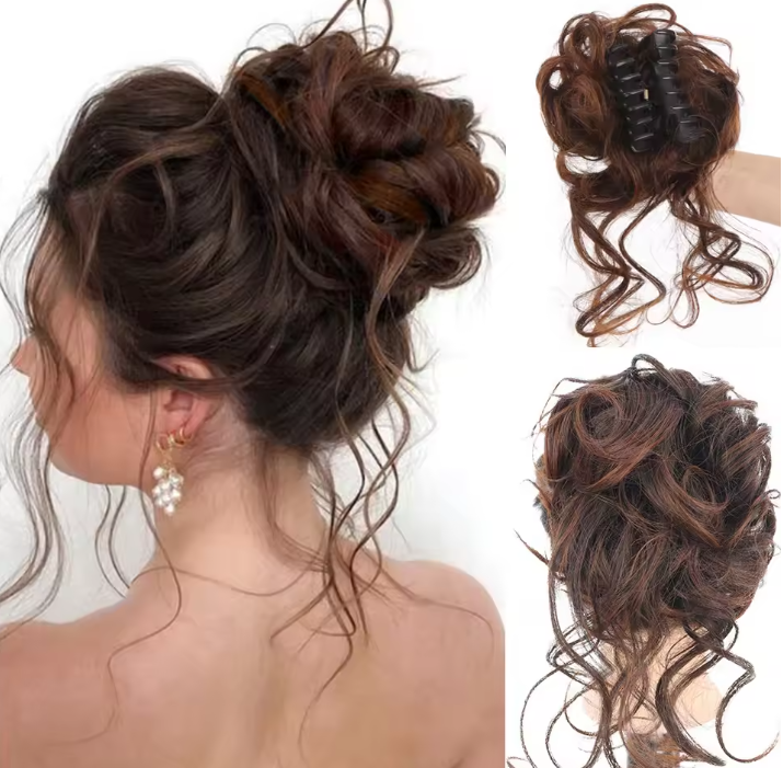 Brown hair bun extension with a close-up on a white background
