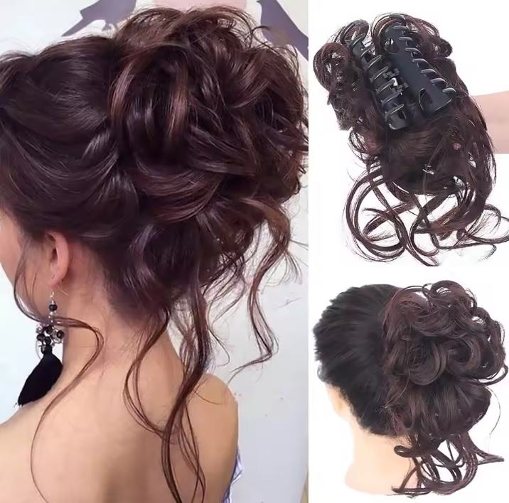 Hair extension with a bun style on a mannequin head and close-up view.