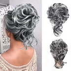 Gray and black curly hair extension styled on a person with a white lace top.