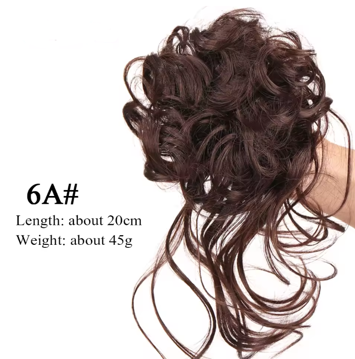 Brown hair extension with product details on a white background