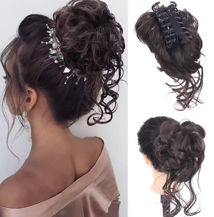 Dark brown hairpiece styled in an updo with curls, shown on a mannequin head and a woman's head.