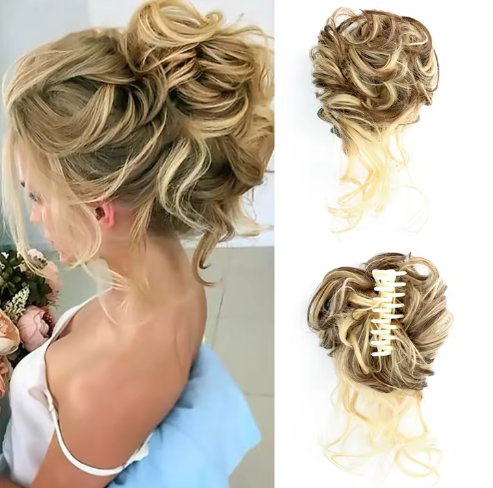 Blonde hairpiece styled in an updo with a close-up on a white background
