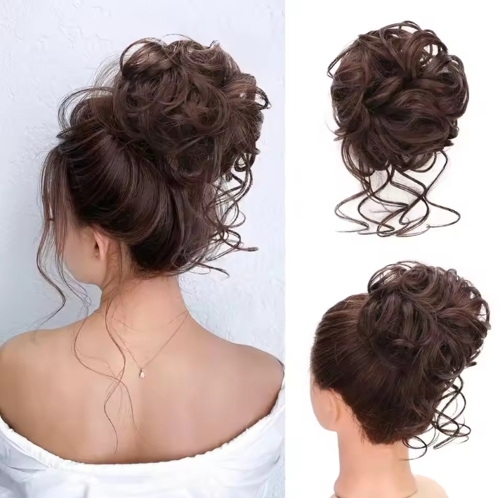 Brown hair bun extension on a mannequin head with close-up views against a white background