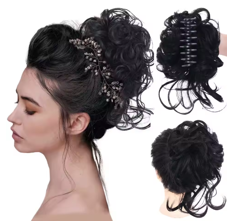 Black hair bun accessory on a mannequin head with close-up views on a white background